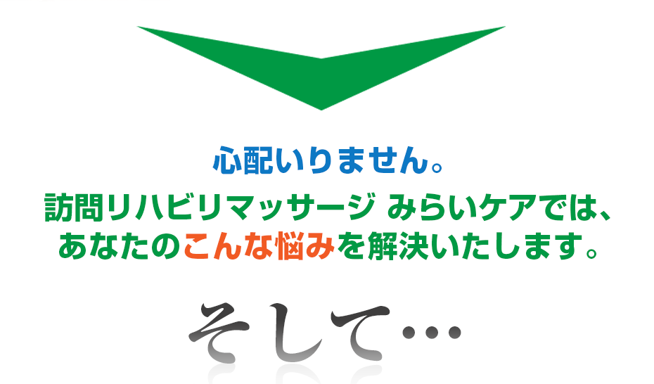 心配いりません。はり灸マッサージ 訪問リハビリマッサージ みらいケア  では、あなたのこんな悩みを解決いたします。そして・・・